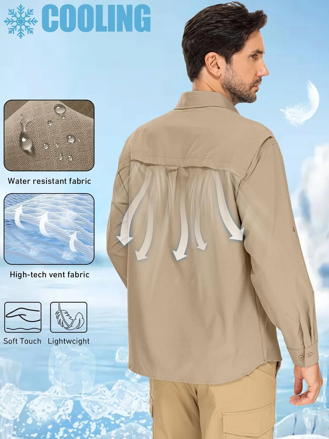 linlon Mens Safari Shirts Long Sleeve UV Protection Hiking Fishing UPF 50  Quick Dry Cooling Camping Travel Shirts