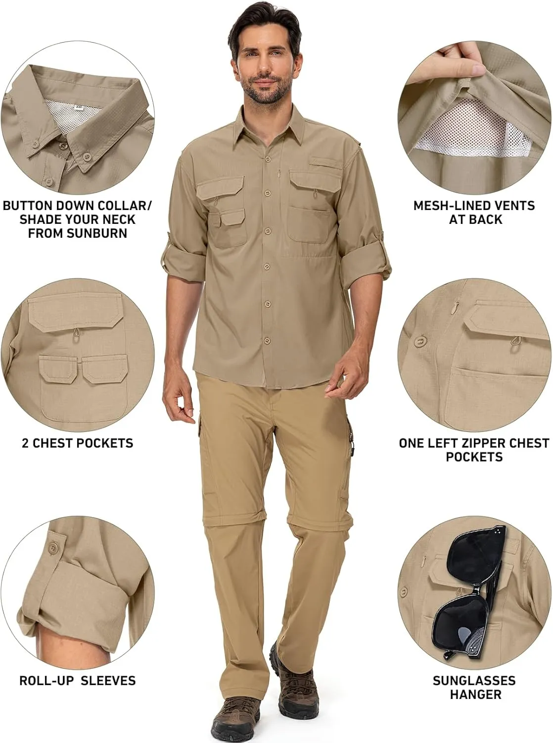 linlon Mens Safari Shirts Long Sleeve UV Protection Hiking Fishing UPF 50  Quick Dry Cooling Camping Travel Shirts