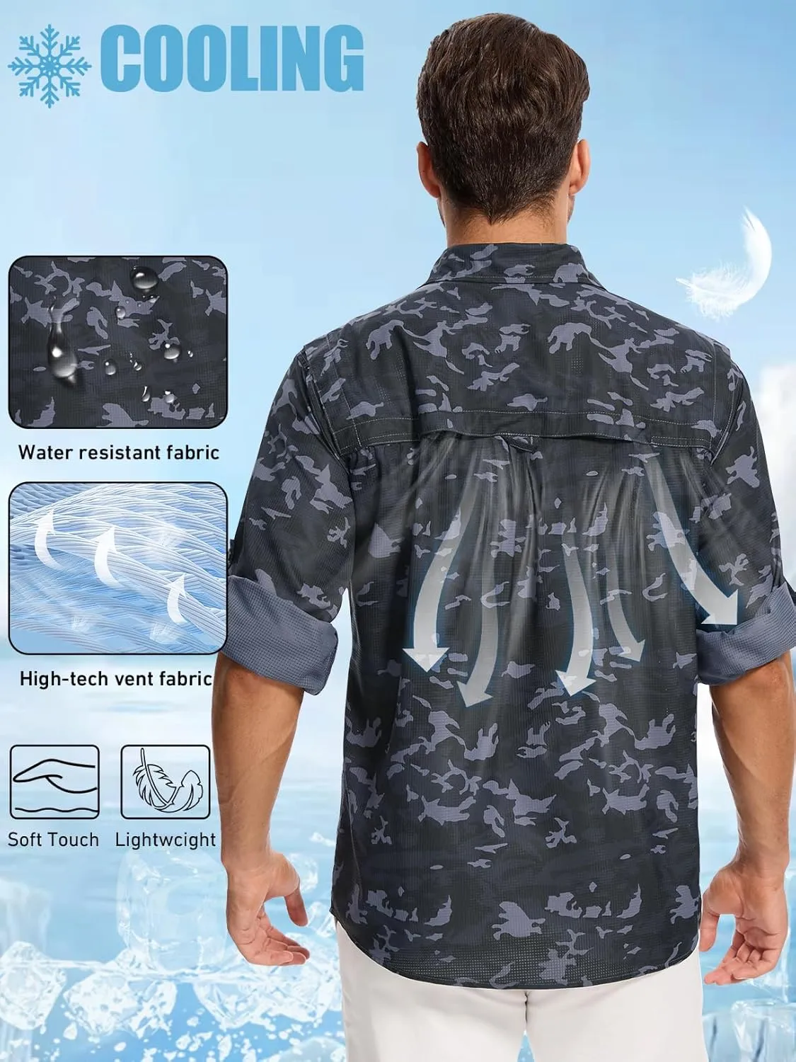 linlon Mens Safari Shirts Long Sleeve UV Protection Hiking Fishing UPF 50  Quick Dry Cooling Camping Travel Shirts