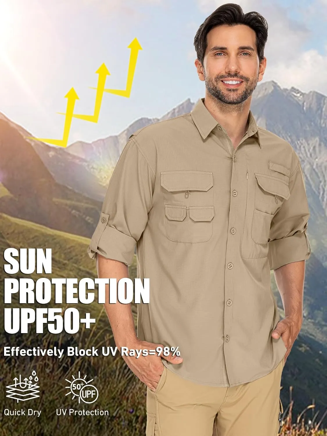 linlon Mens Safari Shirts Long Sleeve UV Protection Hiking Fishing UPF 50  Quick Dry Cooling Camping Travel Shirts