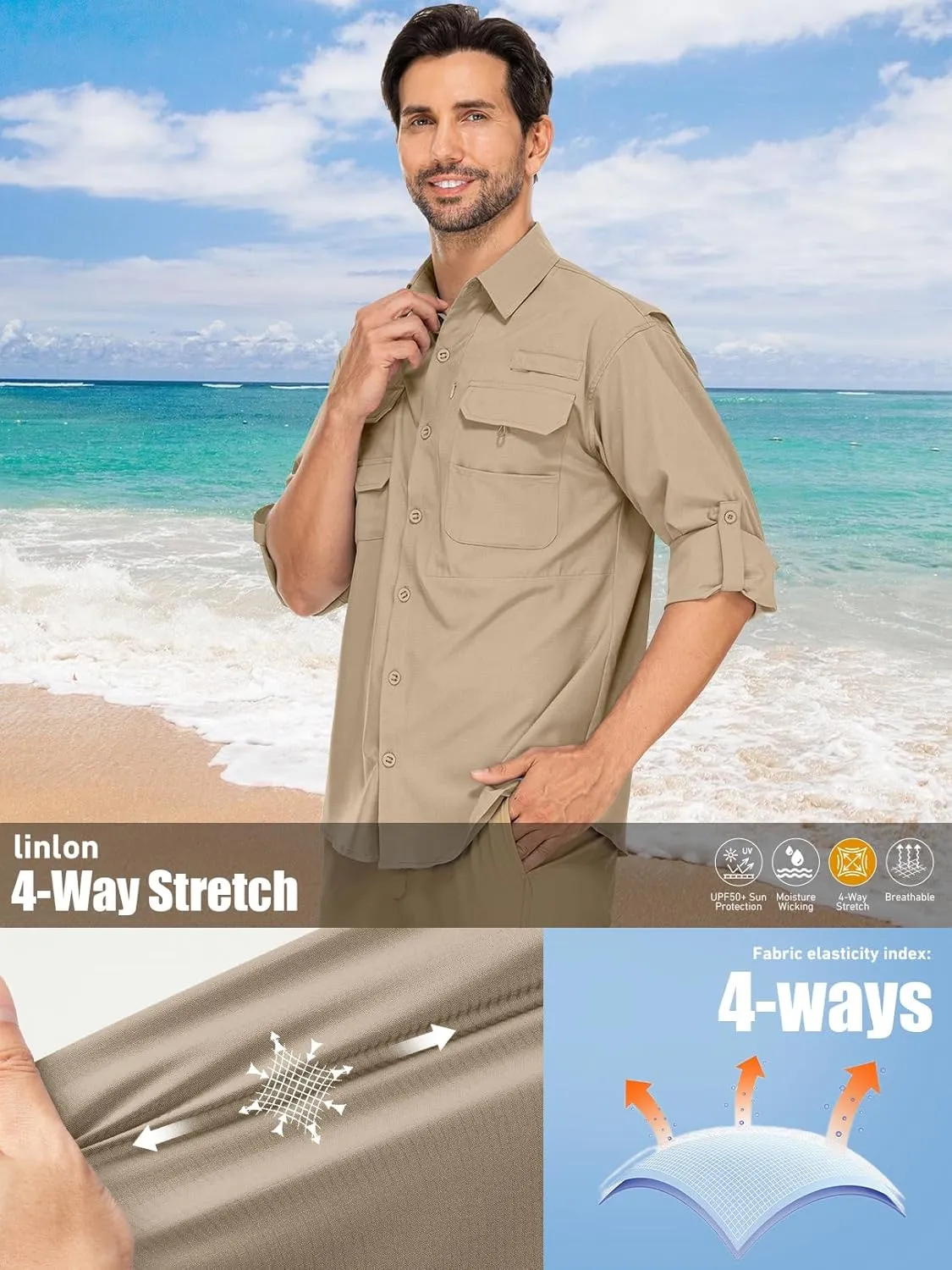 linlon Mens Safari Shirts Long Sleeve UV Protection Hiking Fishing UPF 50  Quick Dry Cooling Camping Travel Shirts