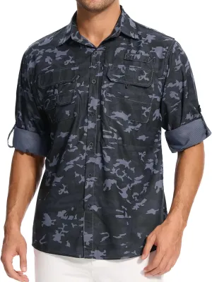linlon Mens Safari Shirts Long Sleeve UV Protection Hiking Fishing UPF 50  Quick Dry Cooling Camping Travel Shirts