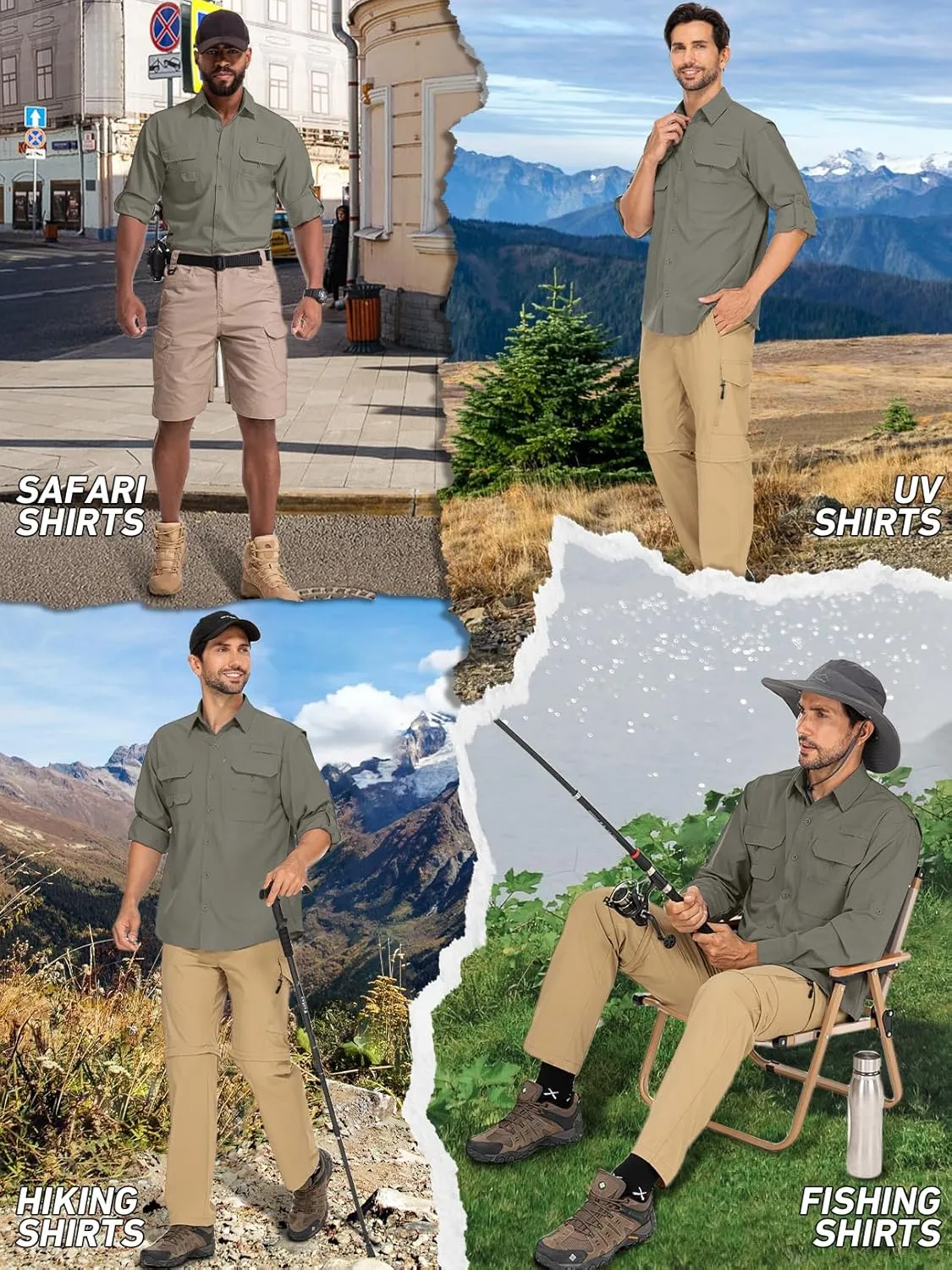 linlon Mens Safari Shirts Long Sleeve UV Protection Hiking Fishing UPF 50  Quick Dry Cooling Camping Travel Shirts