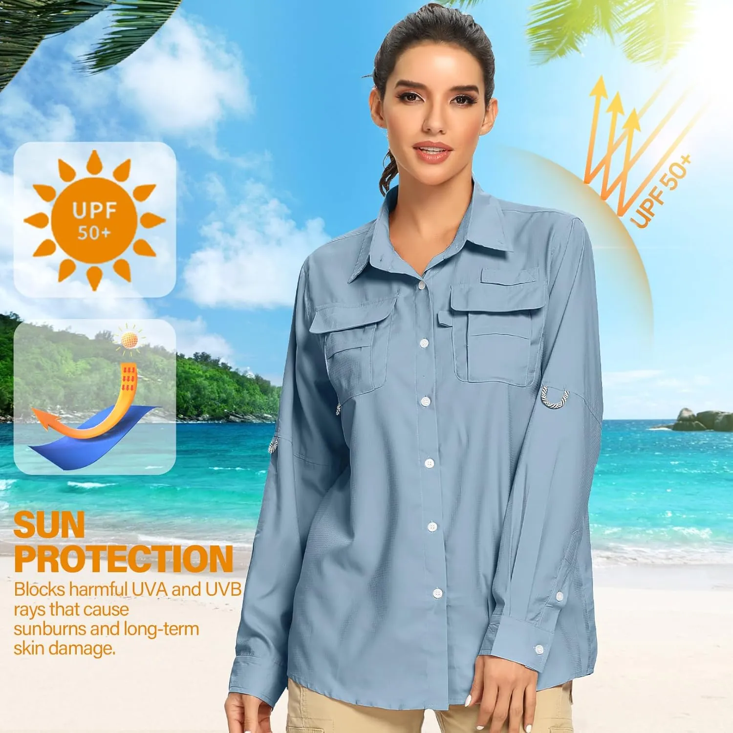 linlon Womens Safari Shirts Long Sleeve UV Protection Hiking Fishing UPF 50  Quick Dry Cooling Camping Travel Shirts