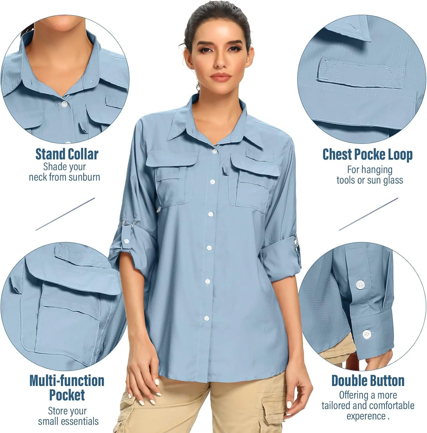 linlon Womens Safari Shirts Long Sleeve UV Protection Hiking Fishing UPF 50  Quick Dry Cooling Camping Travel Shirts