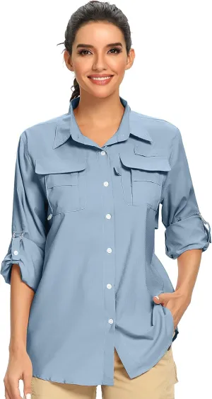 linlon Womens Safari Shirts Long Sleeve UV Protection Hiking Fishing UPF 50  Quick Dry Cooling Camping Travel Shirts
