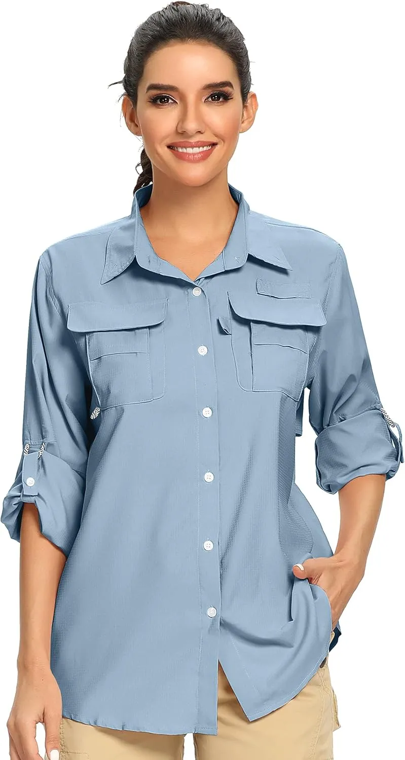 linlon Womens Safari Shirts Long Sleeve UV Protection Hiking Fishing UPF 50  Quick Dry Cooling Camping Travel Shirts