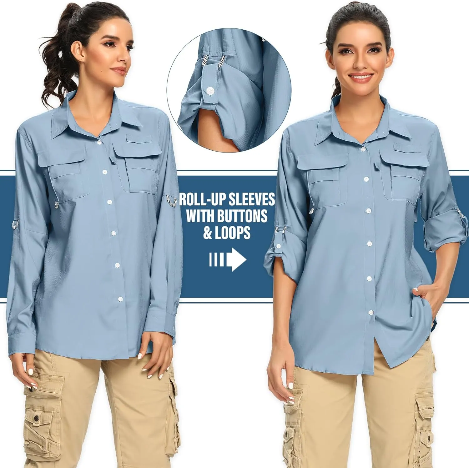 linlon Womens Safari Shirts Long Sleeve UV Protection Hiking Fishing UPF 50  Quick Dry Cooling Camping Travel Shirts