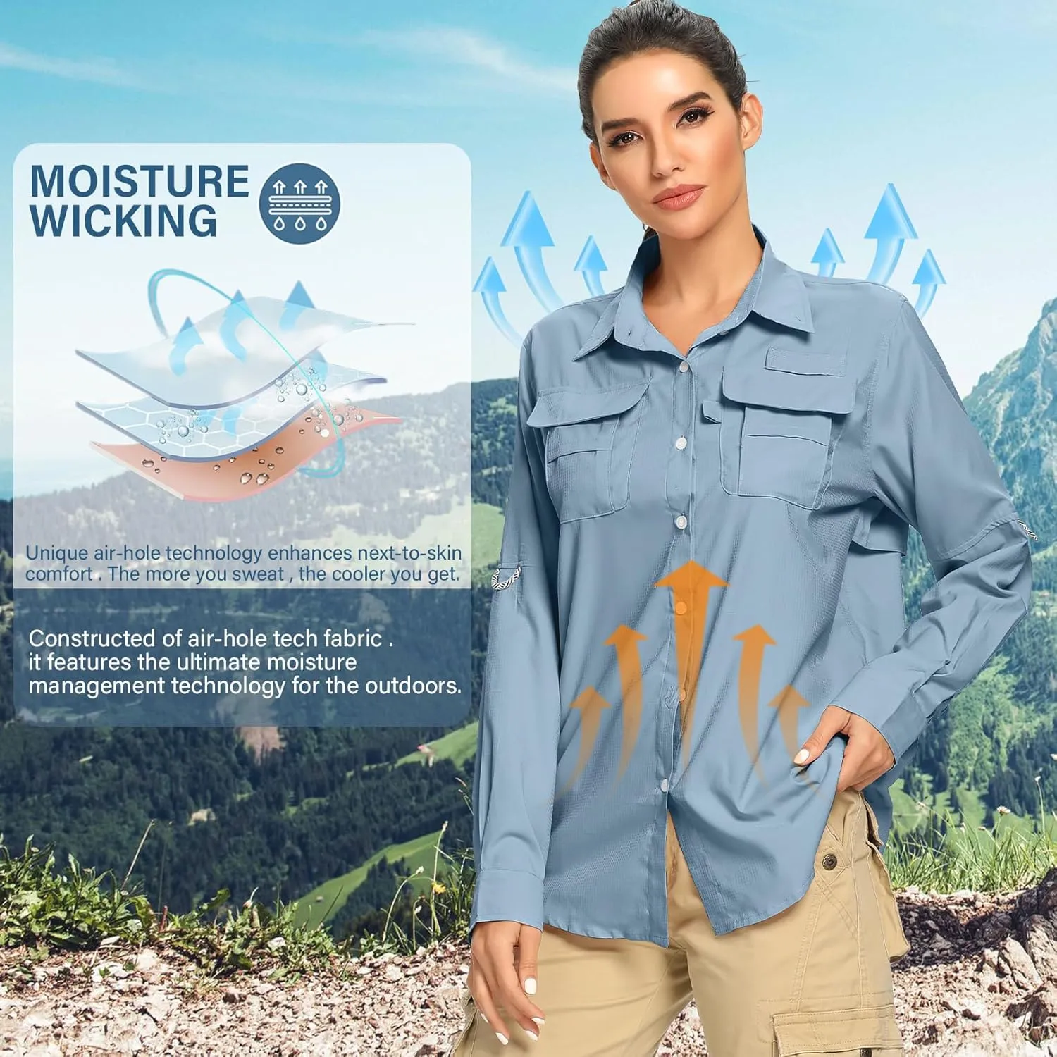 linlon Womens Safari Shirts Long Sleeve UV Protection Hiking Fishing UPF 50  Quick Dry Cooling Camping Travel Shirts