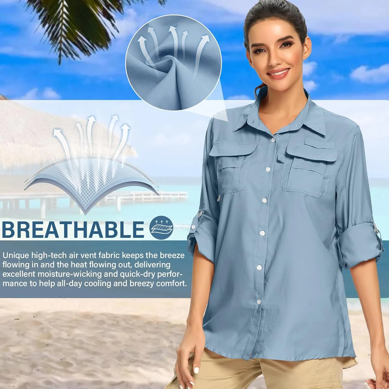 linlon Womens Safari Shirts Long Sleeve UV Protection Hiking Fishing UPF 50  Quick Dry Cooling Camping Travel Shirts