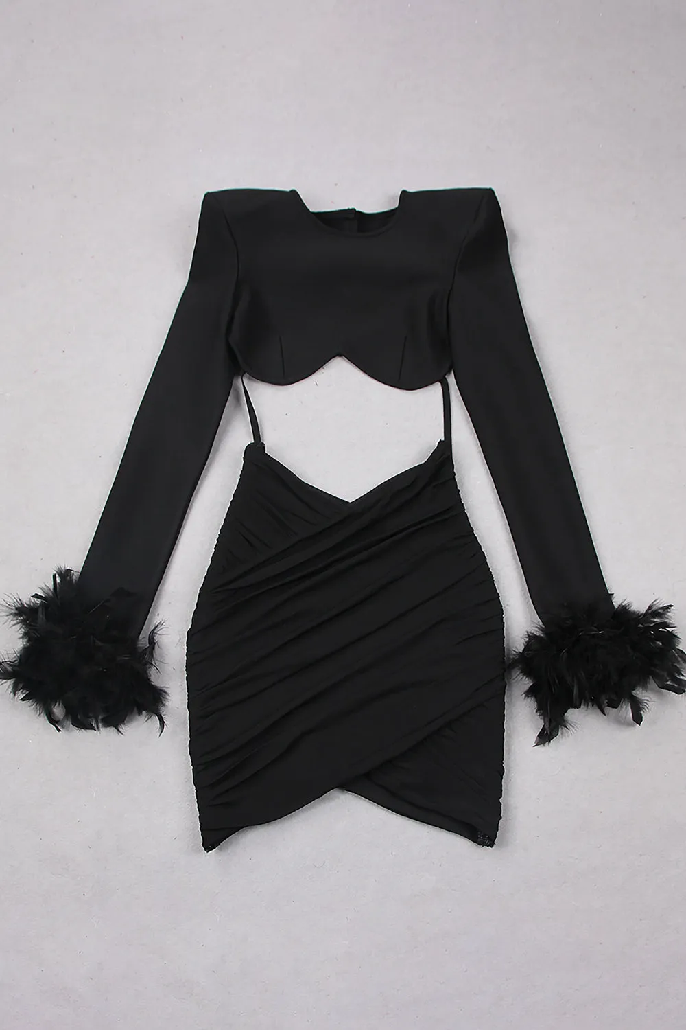 Long Sleeve Feather Trim Short Tops Mini Skirts