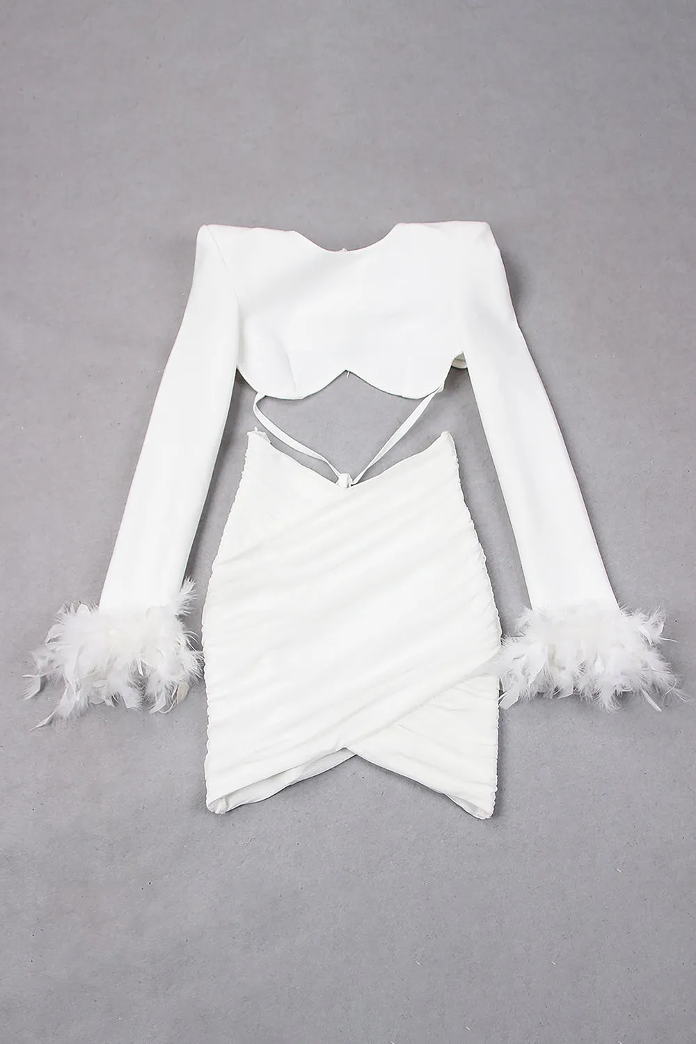 Long Sleeve Feather Trim Short Tops Mini Skirts