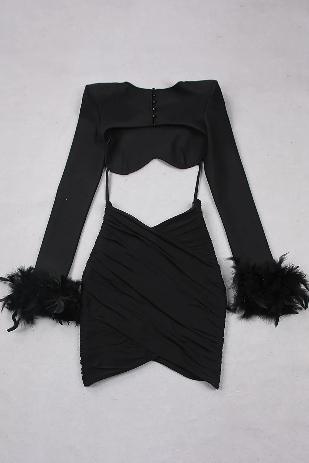 Long Sleeve Feather Trim Short Tops Mini Skirts