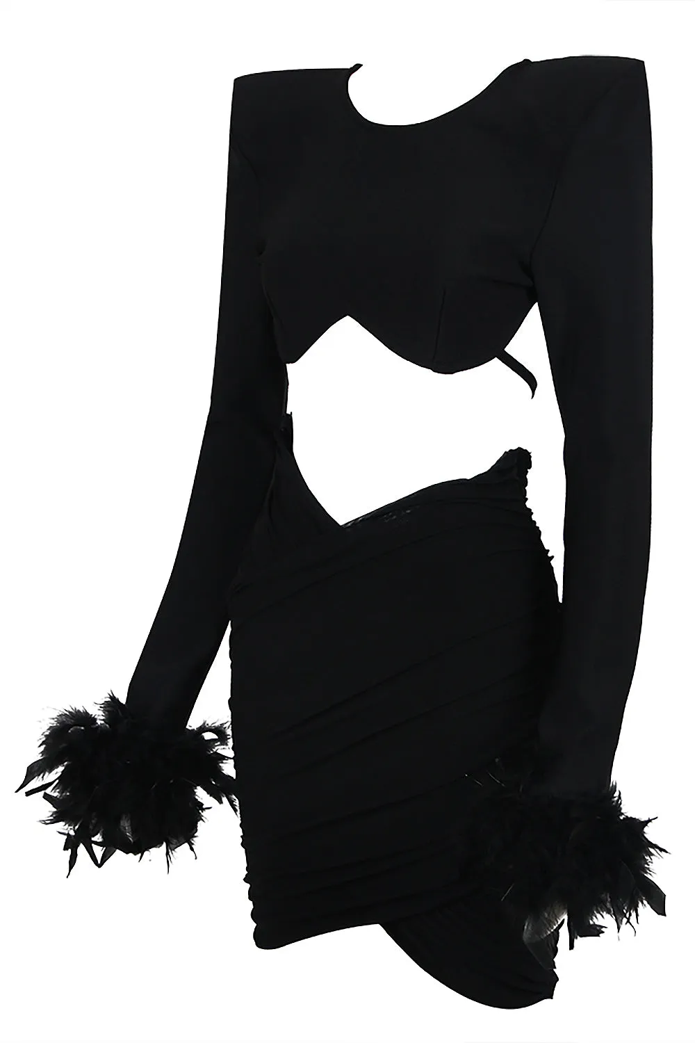 Long Sleeve Feather Trim Short Tops Mini Skirts