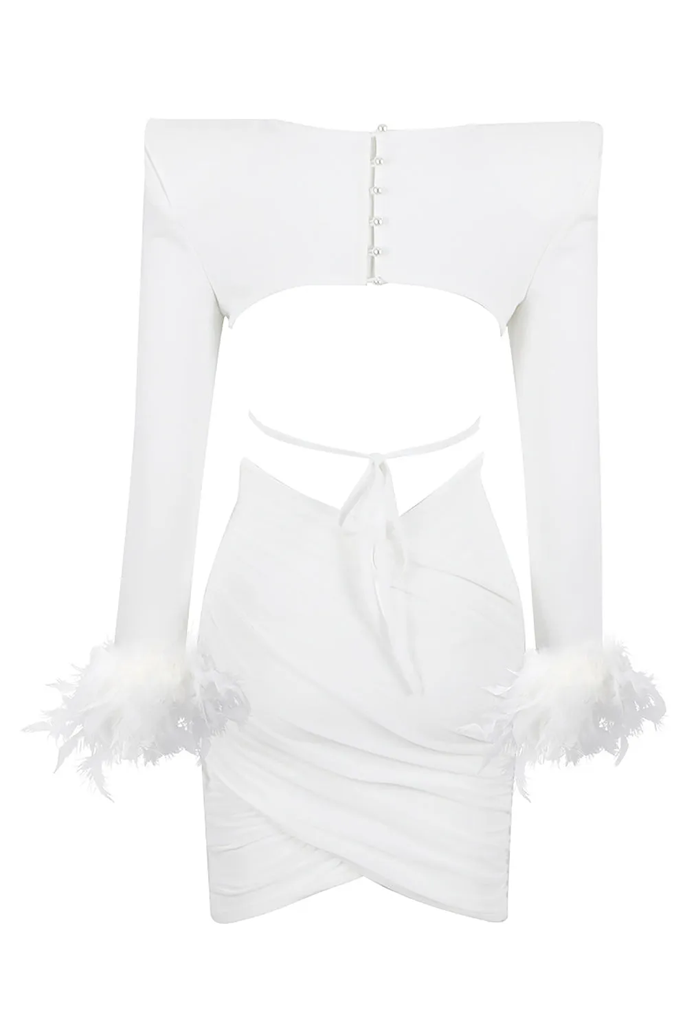 Long Sleeve Feather Trim Short Tops Mini Skirts
