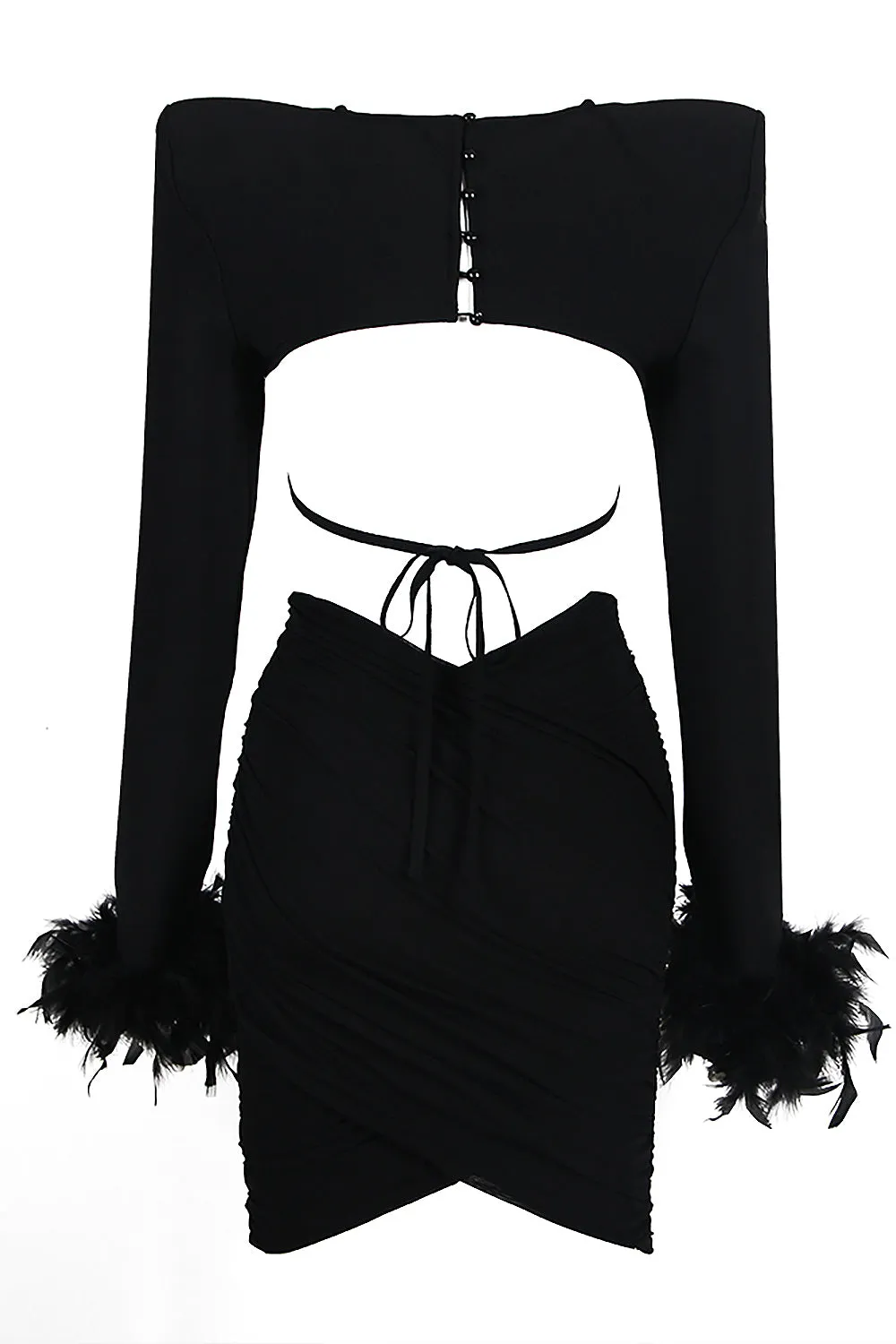 Long Sleeve Feather Trim Short Tops Mini Skirts