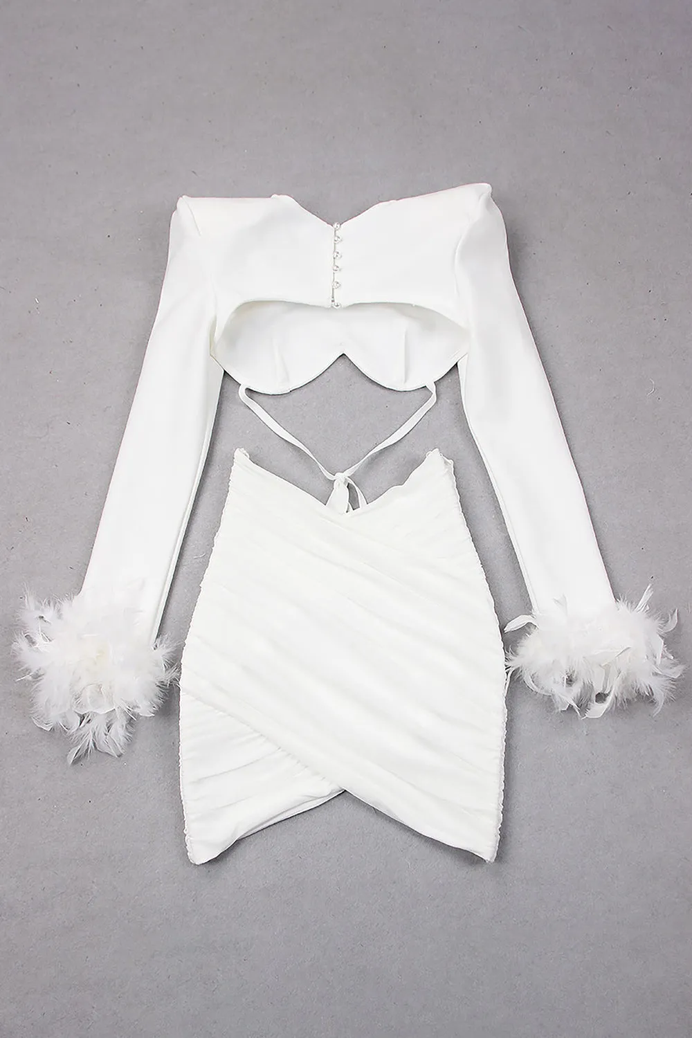 Long Sleeve Feather Trim Short Tops Mini Skirts