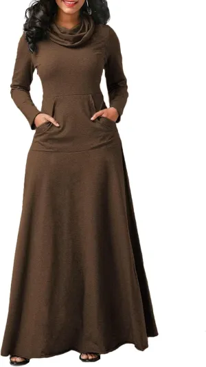 Long Sleeve Hooded Loose Maxi Dress for Women Turtleneck Solid Color Pullover Hoodie Dresses