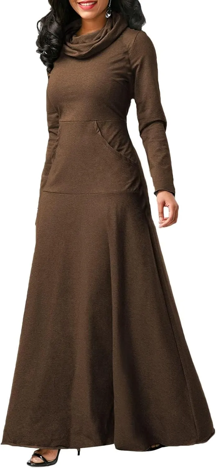 Long Sleeve Hooded Loose Maxi Dress for Women Turtleneck Solid Color Pullover Hoodie Dresses