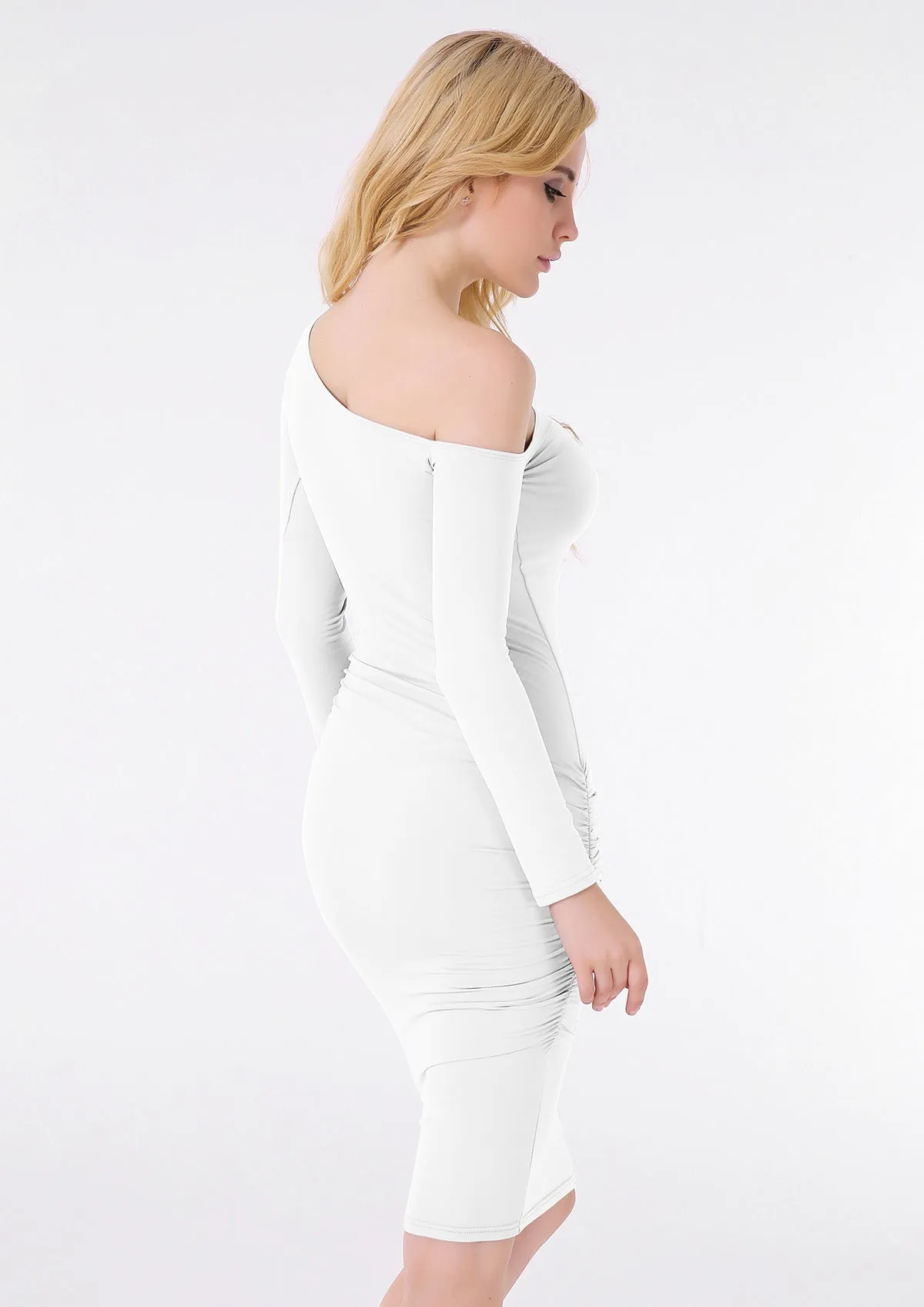Long Sleeve Oblique Neck Knee-length Pure Color Party Bodycon Dress