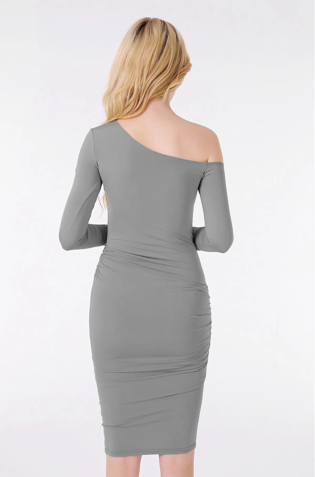 Long Sleeve Oblique Neck Knee-length Pure Color Party Bodycon Dress