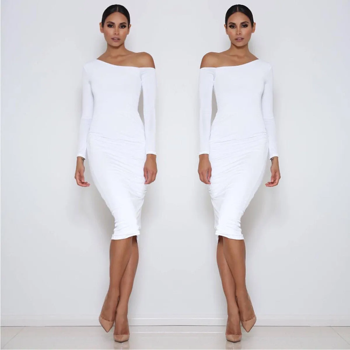 Long Sleeve Oblique Neck Knee-length Pure Color Party Bodycon Dress