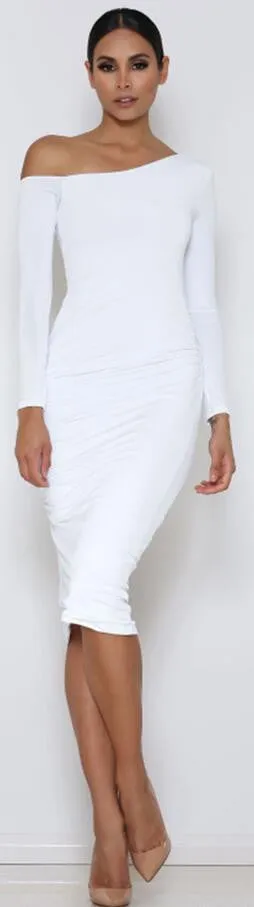 Long Sleeve Oblique Neck Knee-length Pure Color Party Bodycon Dress