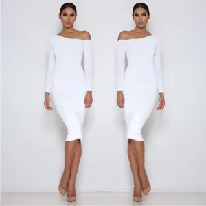 Long Sleeve Oblique Neck Knee-length Pure Color Party Bodycon Dress