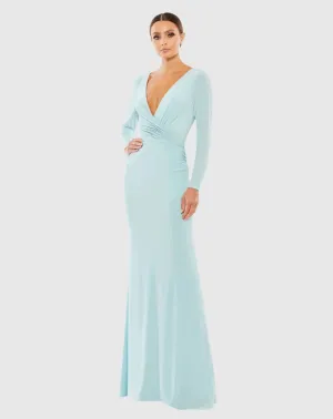 Long sleeve ruched jersey V-neck gown - Powder blue