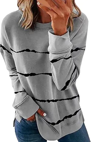Long Sleeve Shirts for Womens, Women Casual Long Sleeve Crewneck Sweatshirt Striped Printed Loose Pullover Tops Shirts