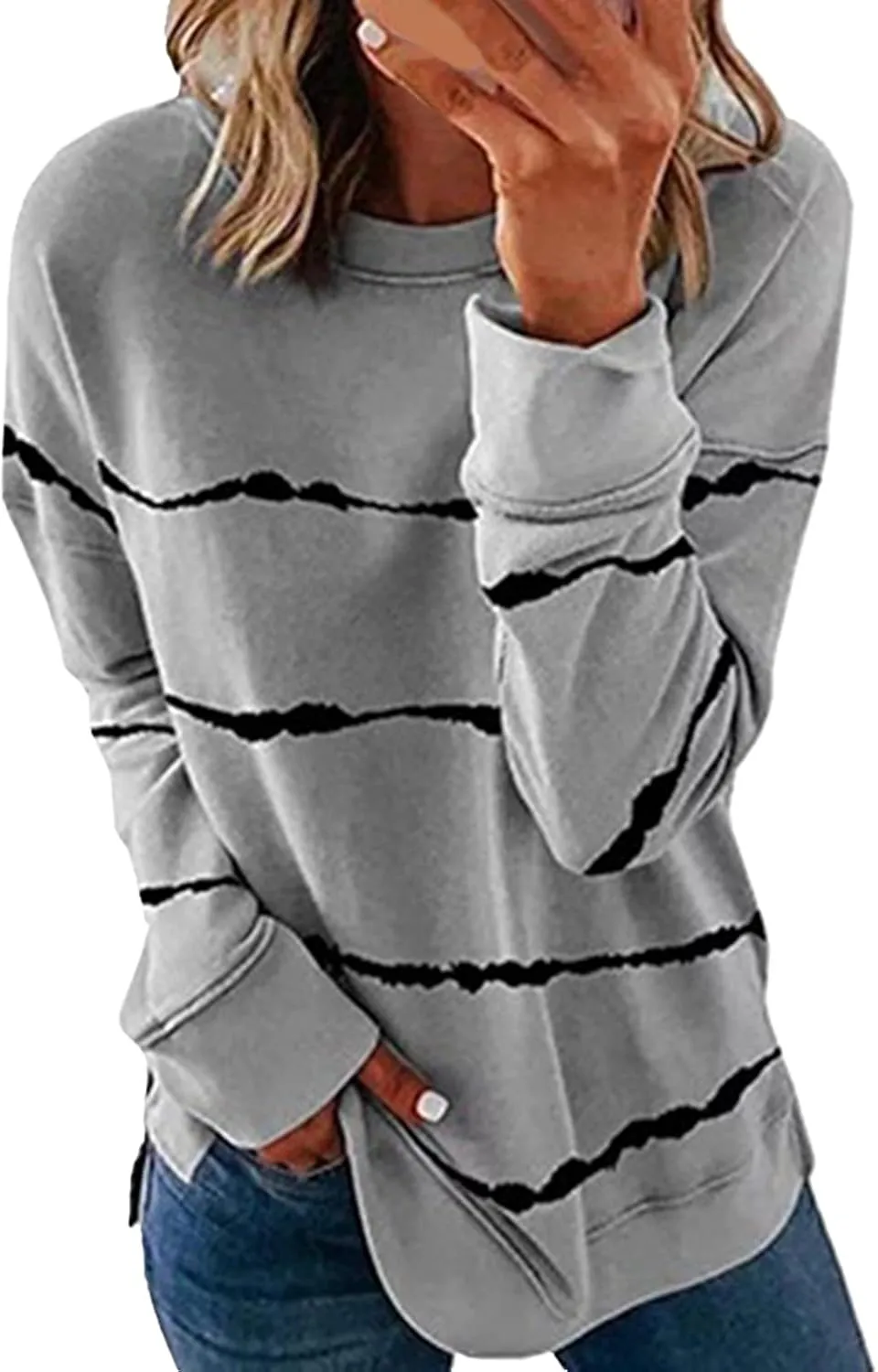Long Sleeve Shirts for Womens, Women Casual Long Sleeve Crewneck Sweatshirt Striped Printed Loose Pullover Tops Shirts
