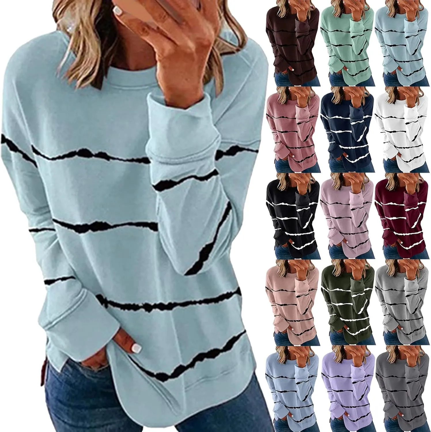 Long Sleeve Shirts for Womens, Women Casual Long Sleeve Crewneck Sweatshirt Striped Printed Loose Pullover Tops Shirts