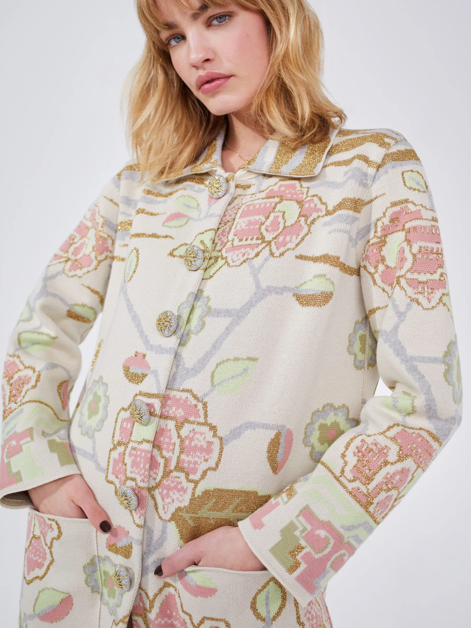 Lotus Carpet Cotton Jacquard Coat Ecru