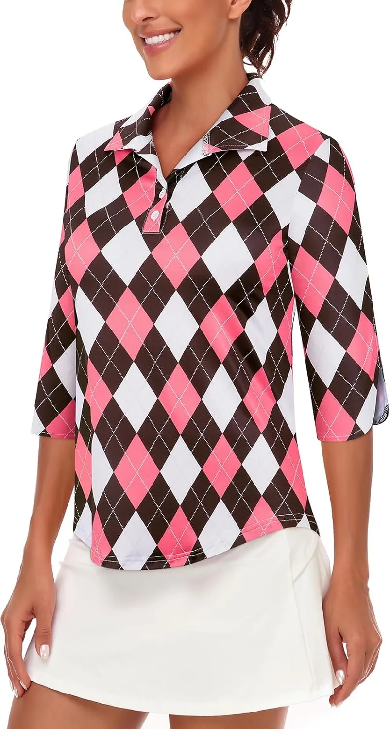 LURANEE Womens Golf Shirt Quick Dry 3/4 Sleeve T Shirts 2-Buttons Polo Workout Tops UPF 50  Shirts S-2XL