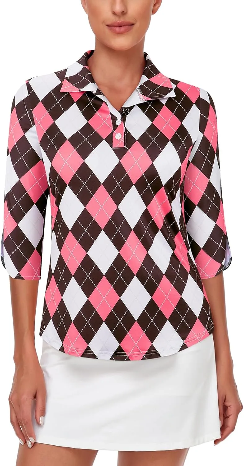 LURANEE Womens Golf Shirt Quick Dry 3/4 Sleeve T Shirts 2-Buttons Polo Workout Tops UPF 50  Shirts S-2XL
