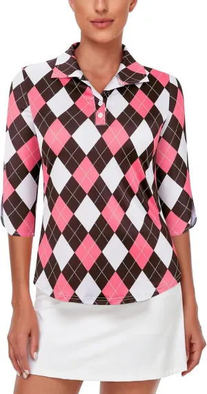 LURANEE Womens Golf Shirt Quick Dry 3/4 Sleeve T Shirts 2-Buttons Polo Workout Tops UPF 50  Shirts S-2XL