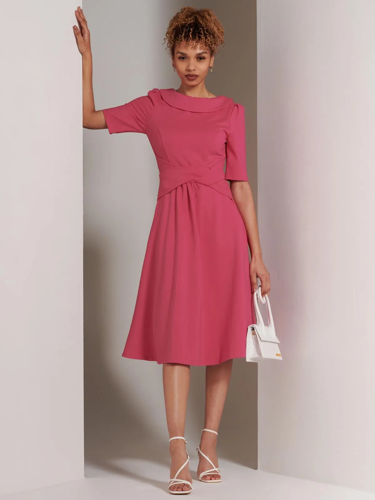 Maayan Fold Neck Dress, Hot Pink