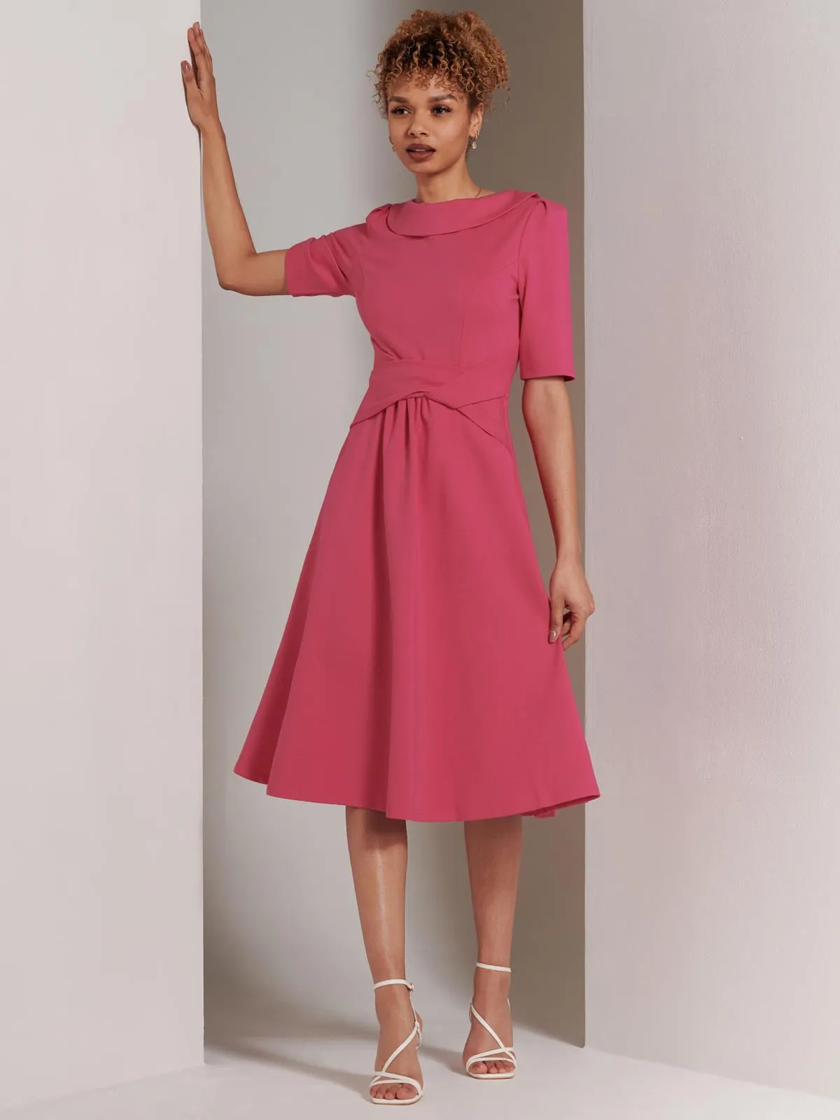 Maayan Fold Neck Dress, Hot Pink