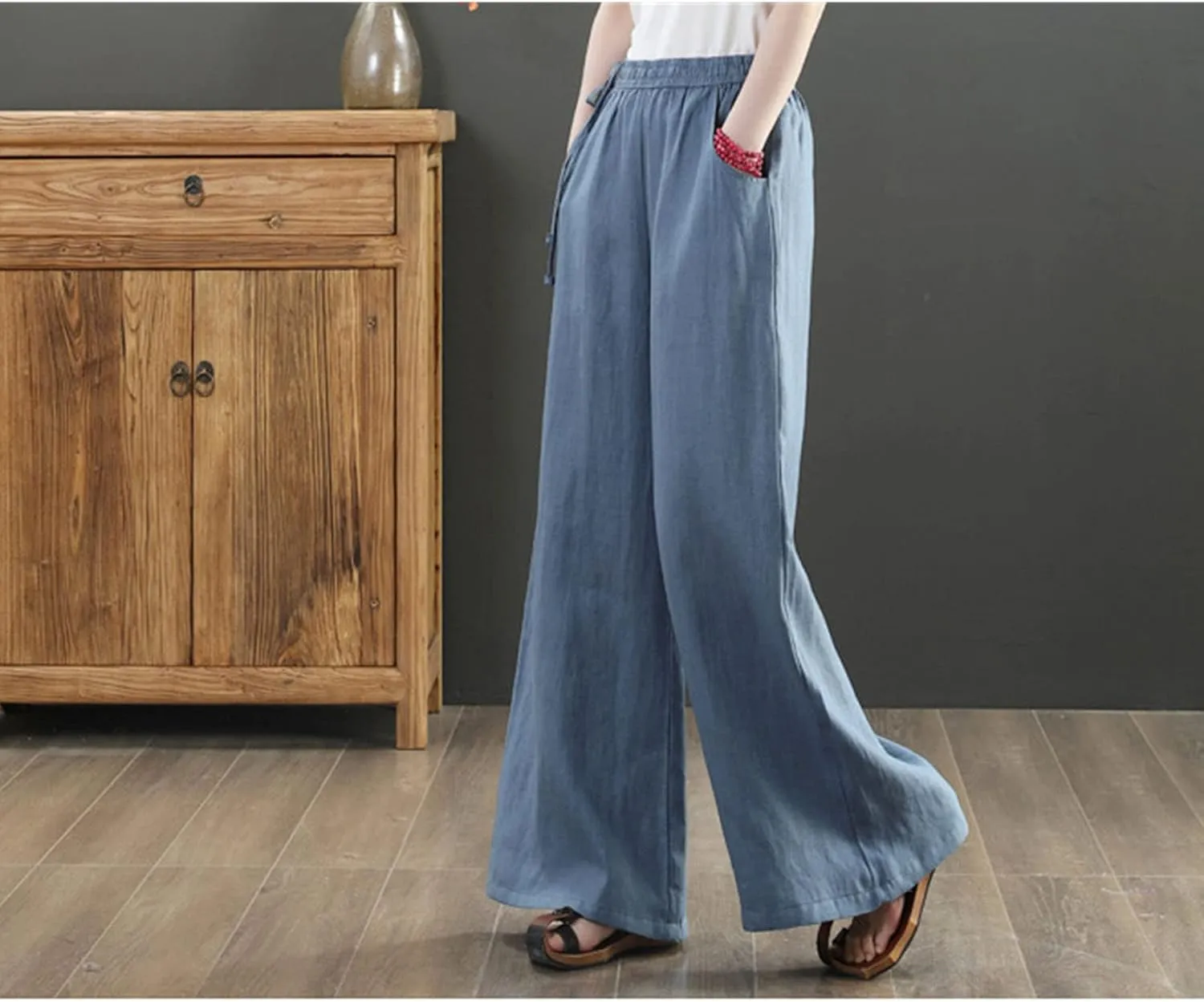 Maiyifu-GJ Women Casual Cotton Linen Baggy Pants Relaxed Fit Soft Comfy Wide Leg Trousers Drawstring High Waist Loose Pant