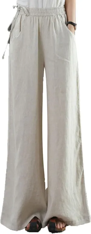 Maiyifu-GJ Women Casual Cotton Linen Baggy Pants Relaxed Fit Soft Comfy Wide Leg Trousers Drawstring High Waist Loose Pant
