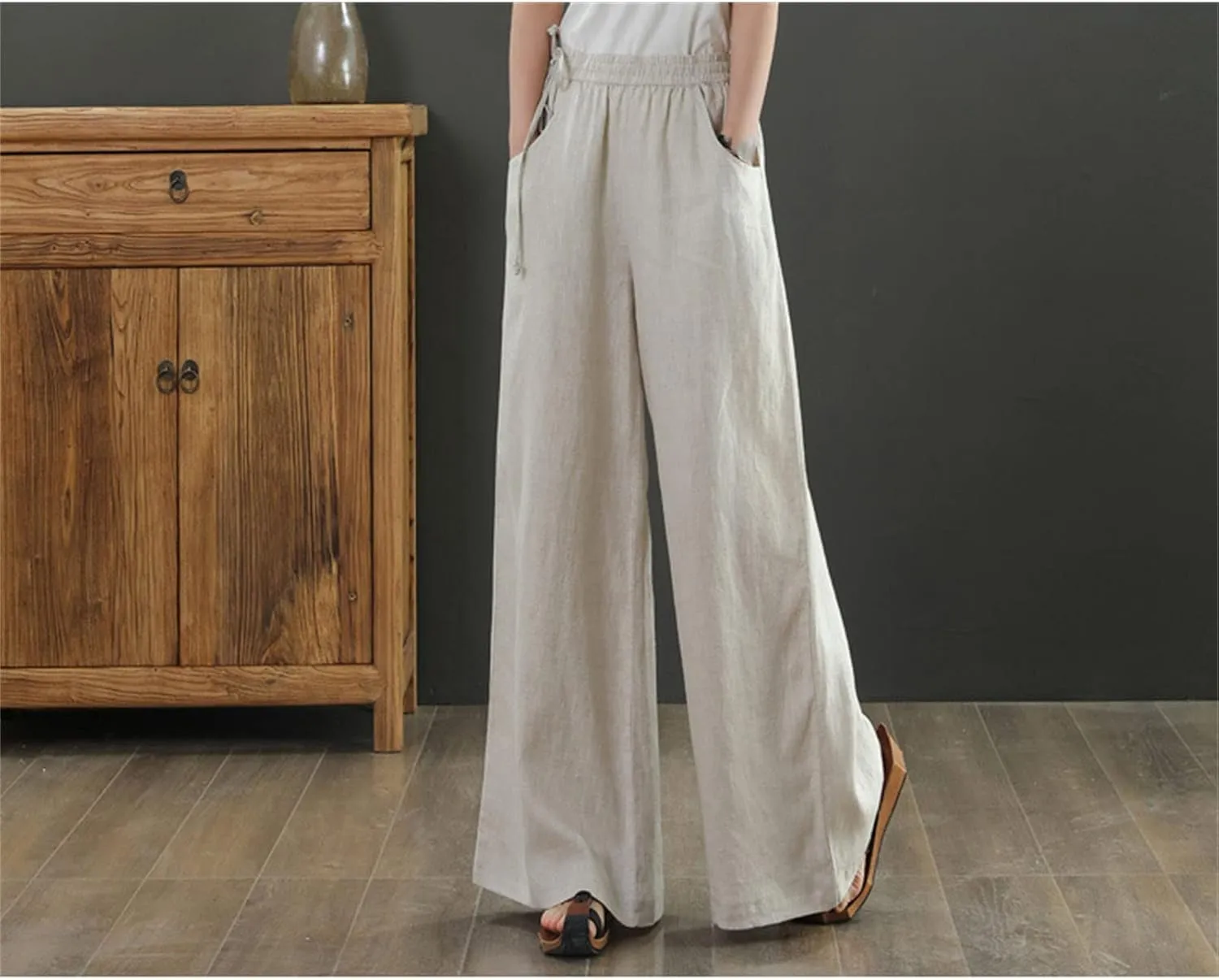 Maiyifu-GJ Women Casual Cotton Linen Baggy Pants Relaxed Fit Soft Comfy Wide Leg Trousers Drawstring High Waist Loose Pant