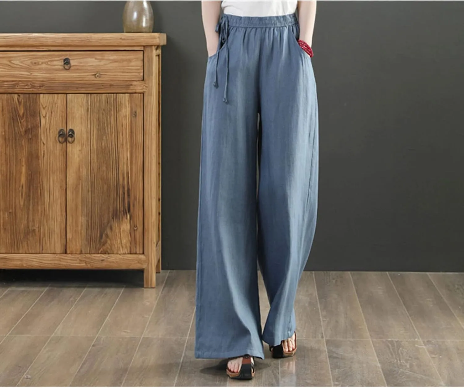 Maiyifu-GJ Women Casual Cotton Linen Baggy Pants Relaxed Fit Soft Comfy Wide Leg Trousers Drawstring High Waist Loose Pant