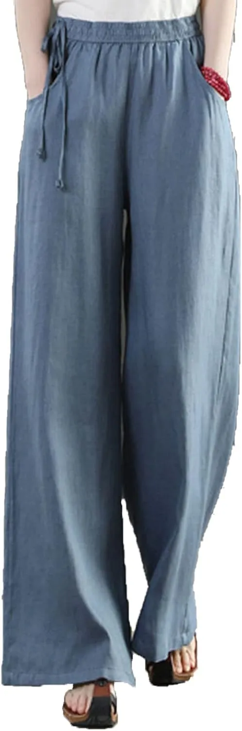 Maiyifu-GJ Women Casual Cotton Linen Baggy Pants Relaxed Fit Soft Comfy Wide Leg Trousers Drawstring High Waist Loose Pant