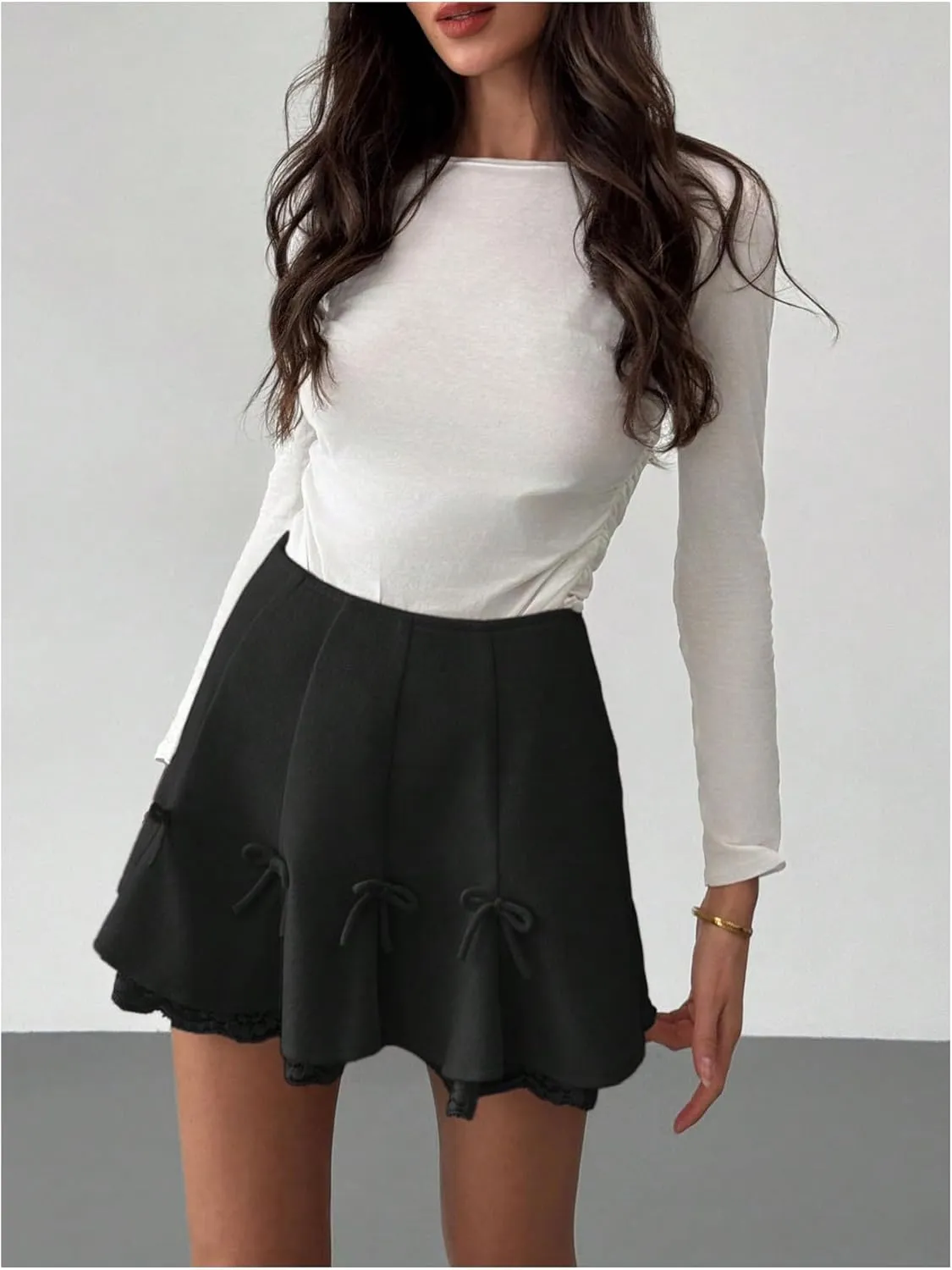 MakeMeChic Women's Bow Knot Tiered Layer Ruffle Mini Skirt Floral Lace A Line Short Skirts