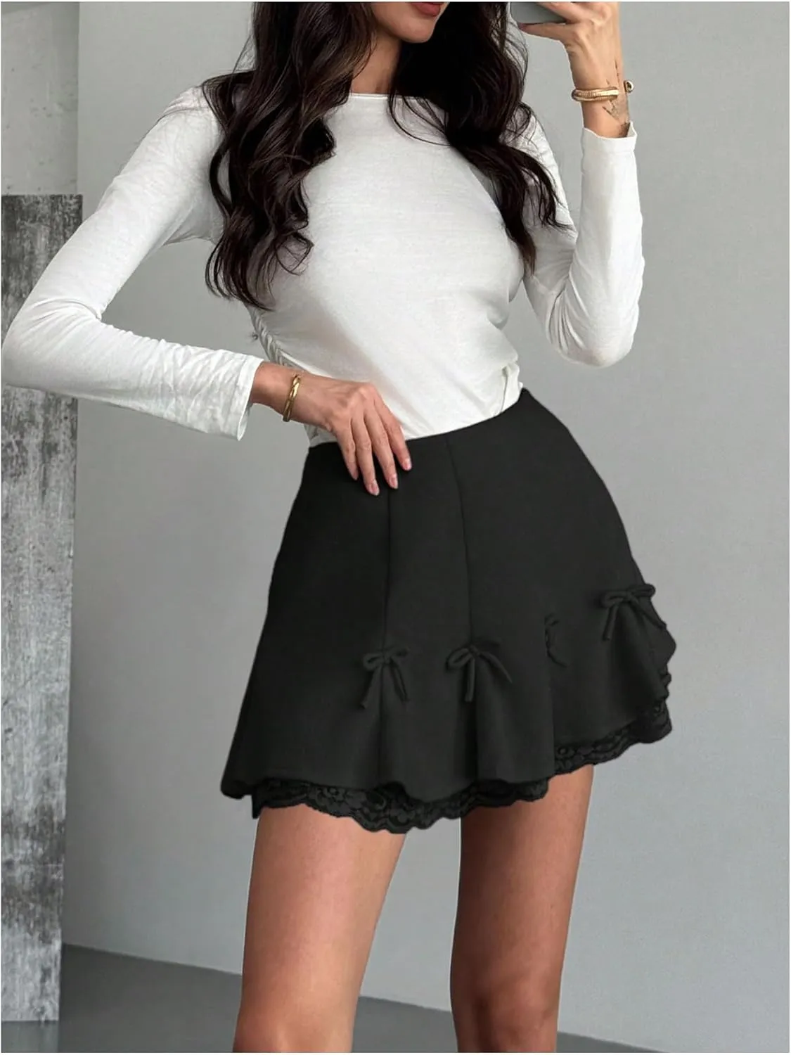 MakeMeChic Women's Bow Knot Tiered Layer Ruffle Mini Skirt Floral Lace A Line Short Skirts