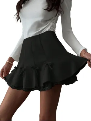 MakeMeChic Women's Bow Knot Tiered Layer Ruffle Mini Skirt Floral Lace A Line Short Skirts