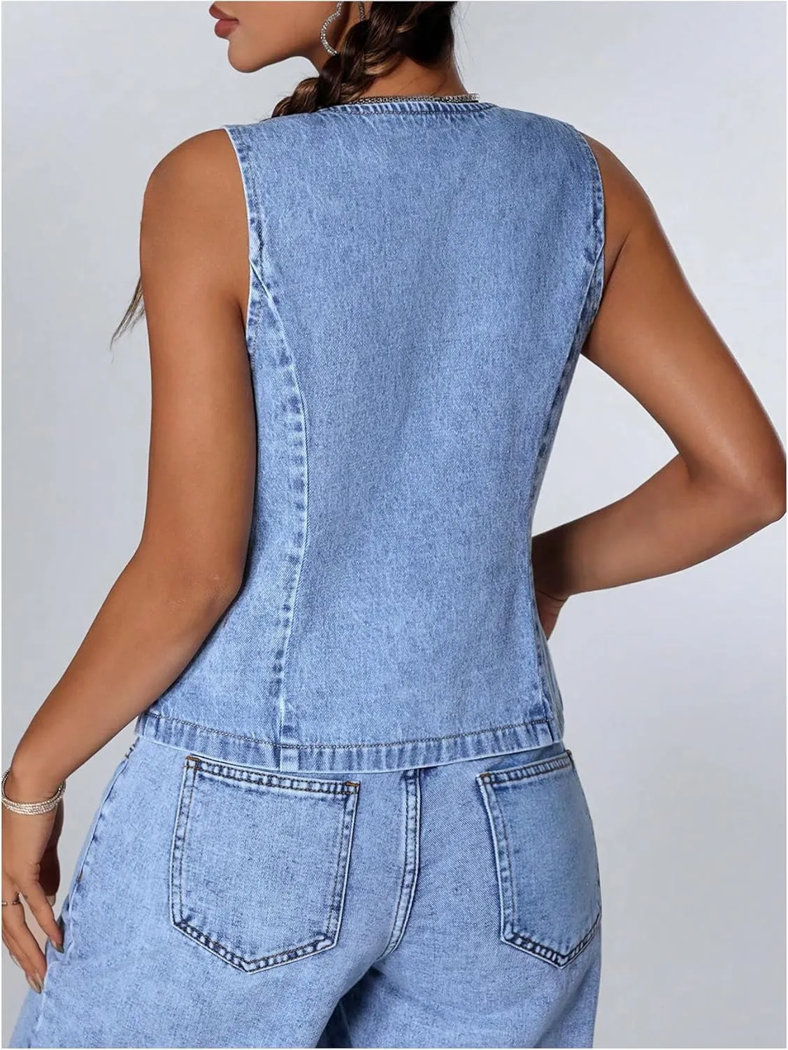 MakeMeChic Women's Tie Front Denim Vest Deep V Neck Sleeveless Crop Denim Top