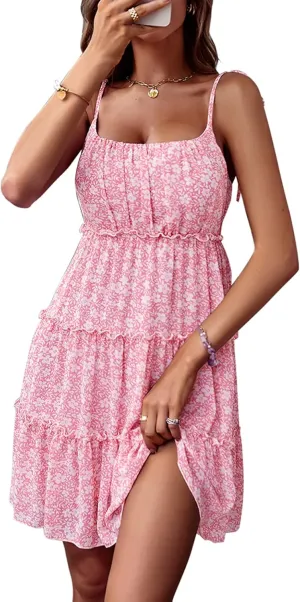Mansy Womens 2024 Summer Floral Mini Dress Boho Flowy Skater Dresses Short Sleeveless Ruffle Spaghetti Strap Dress