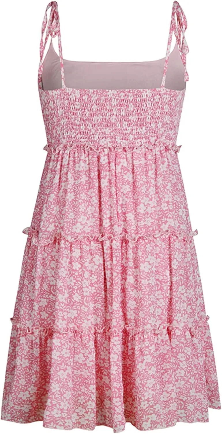Mansy Womens 2024 Summer Floral Mini Dress Boho Flowy Skater Dresses Short Sleeveless Ruffle Spaghetti Strap Dress