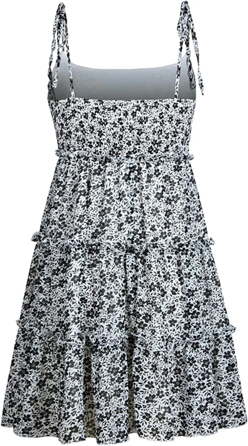 Mansy Womens 2024 Summer Floral Mini Dress Boho Flowy Skater Dresses Short Sleeveless Ruffle Spaghetti Strap Dress